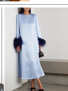 Sleeper Feather Trim Satin Maxi Dress Blue Medium NWT Removable Feathers